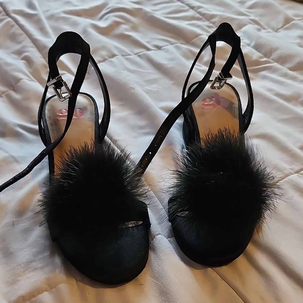 GB girls Black Heels with Fluffy Pom-Pom